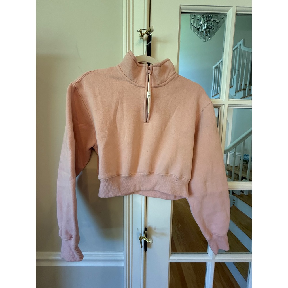 Qinsen Women Pink Cropped Quarter Zip Fleece Pullover Sweatshirt Size M